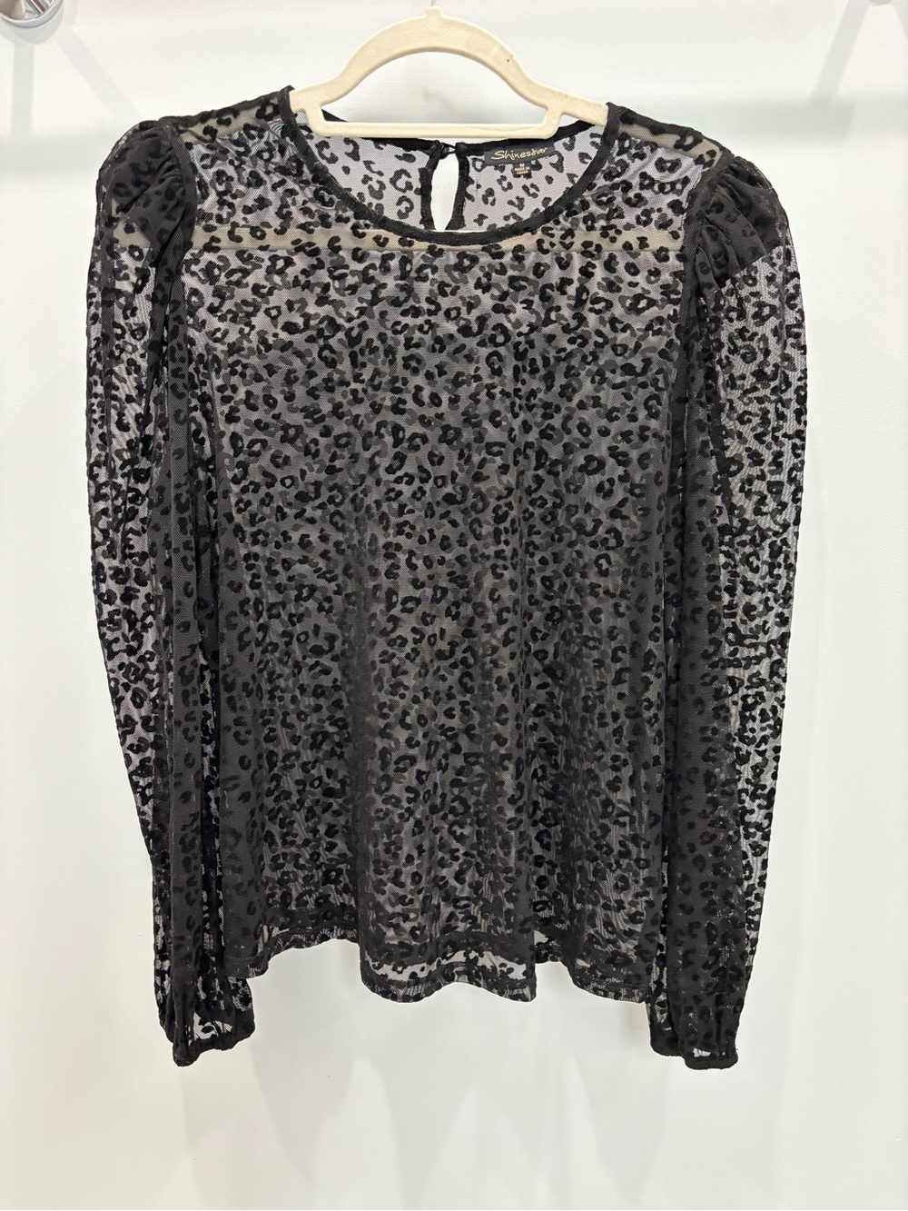 Shinestar Black Sheer Leopard-Print Long Sleeve Top